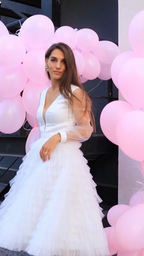 Rochie cununie civilă cu decolteu mâneci si volane