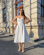 Rochie cununie civila albă midi cu corset din satin regal și cordon detașabil.