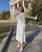 Rochie alba midi cu maneci lungi, decolteu V