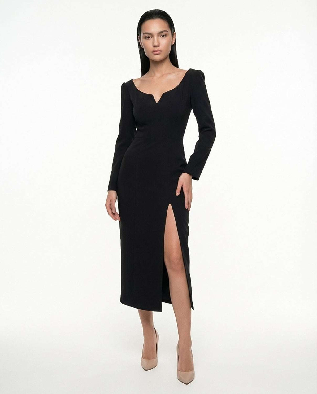 Rochie eleganta neagra clasica casual petrecere cu slit, maneci lungi