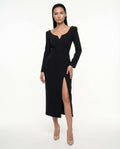 Rochie eleganta neagra clasica casual petrecere cu slit, maneci lungi
