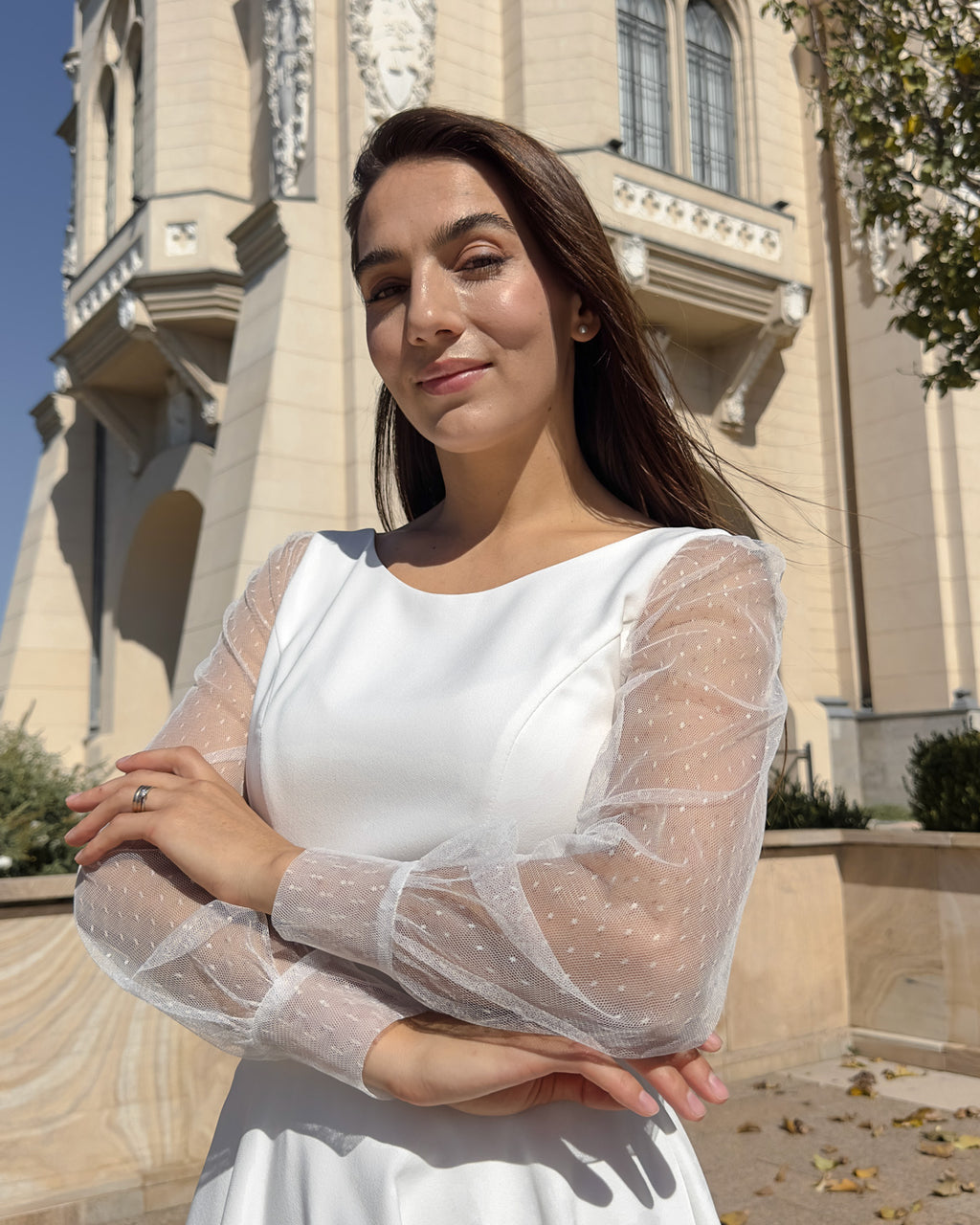 Rochie alba midi pentru petreceri, cununie civila