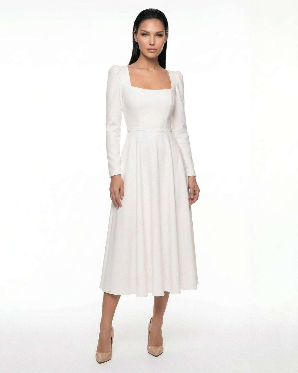Rochie alba midi cu maneci lungi din crep cununie civila, religioasa