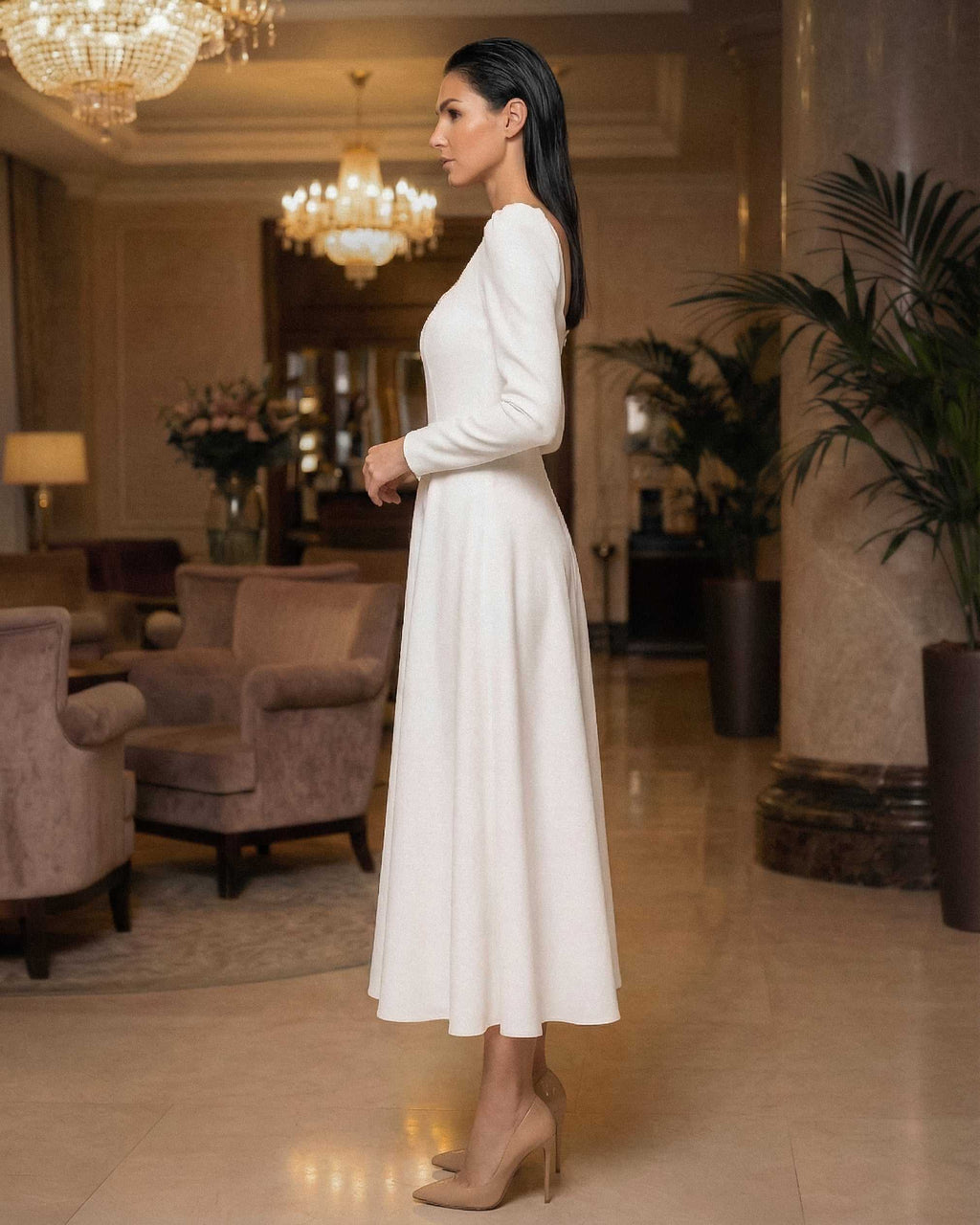 Rochie alba midi cu maneci lungi din crep cununie civila, religioasa