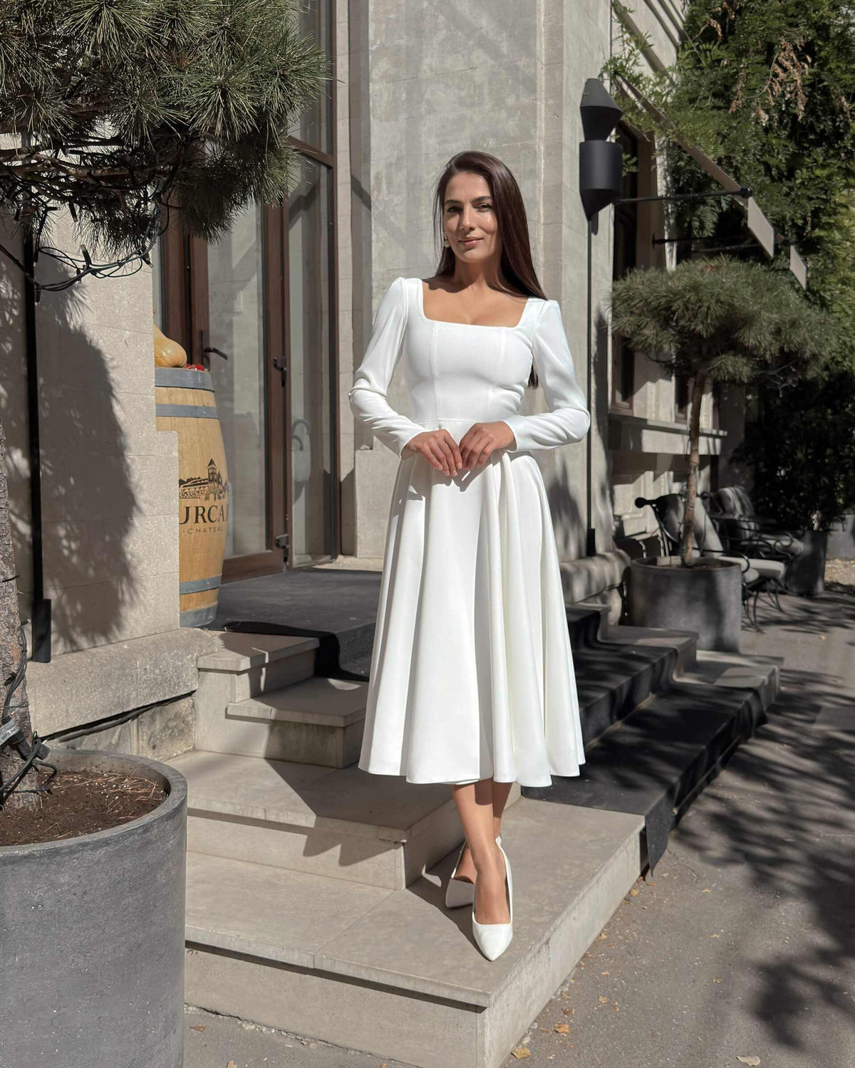 Rochie alba midi cu maneci lungi din crep cununie civila, religioasa
