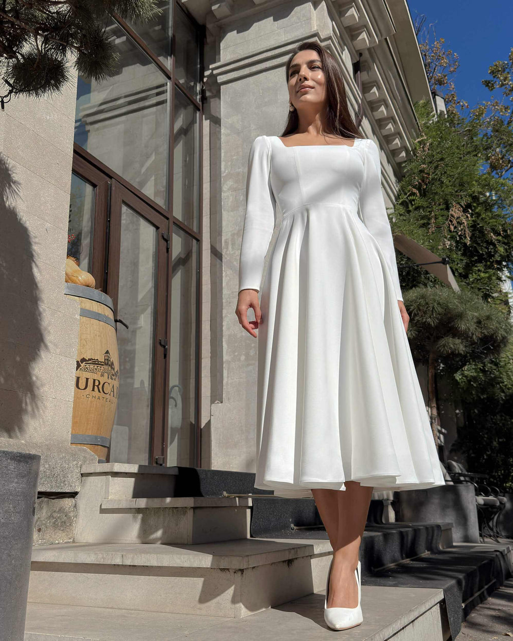 Rochie alba midi cu maneci lungi din crep cununie civila, religioasa