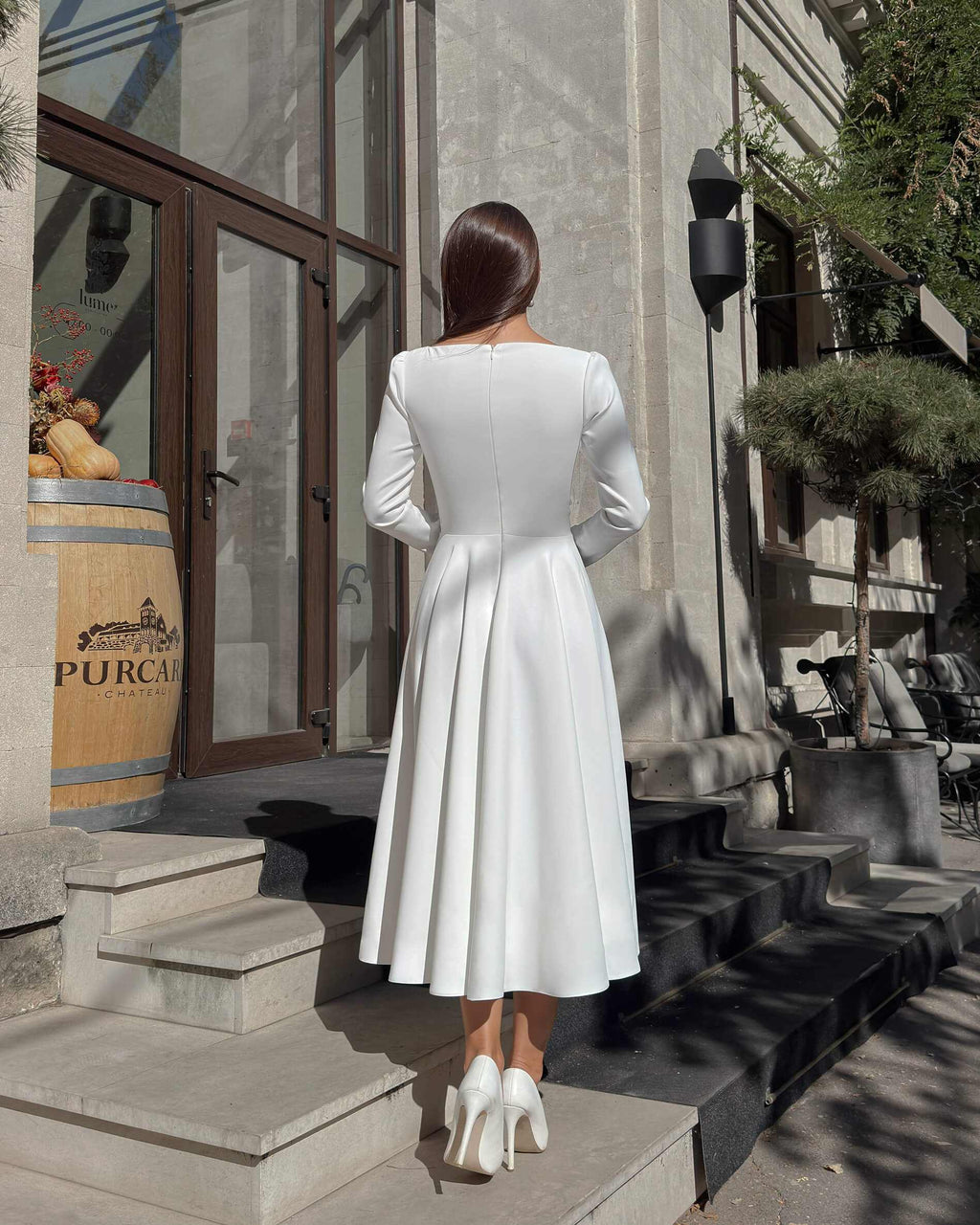 Rochie alba midi cu maneci lungi din crep cununie civila, religioasa
