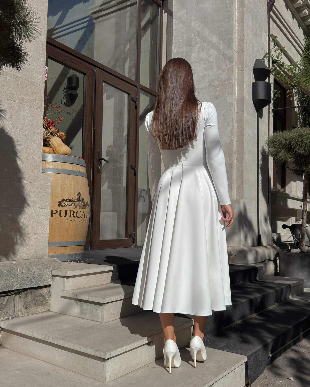Rochie alba midi cu maneci lungi din crep cununie civila, religioasa