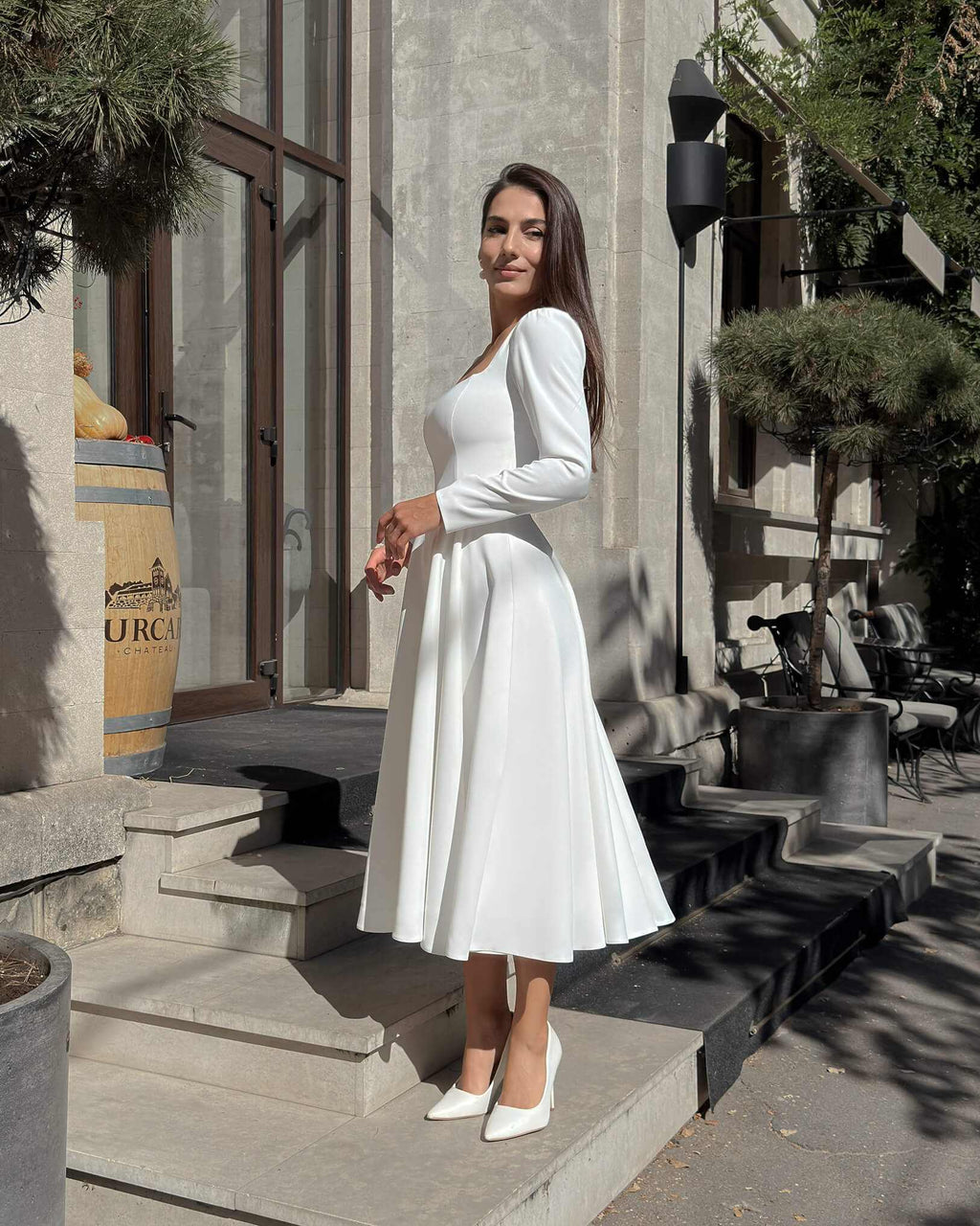 Rochie alba midi cu maneci lungi din crep cununie civila, religioasa