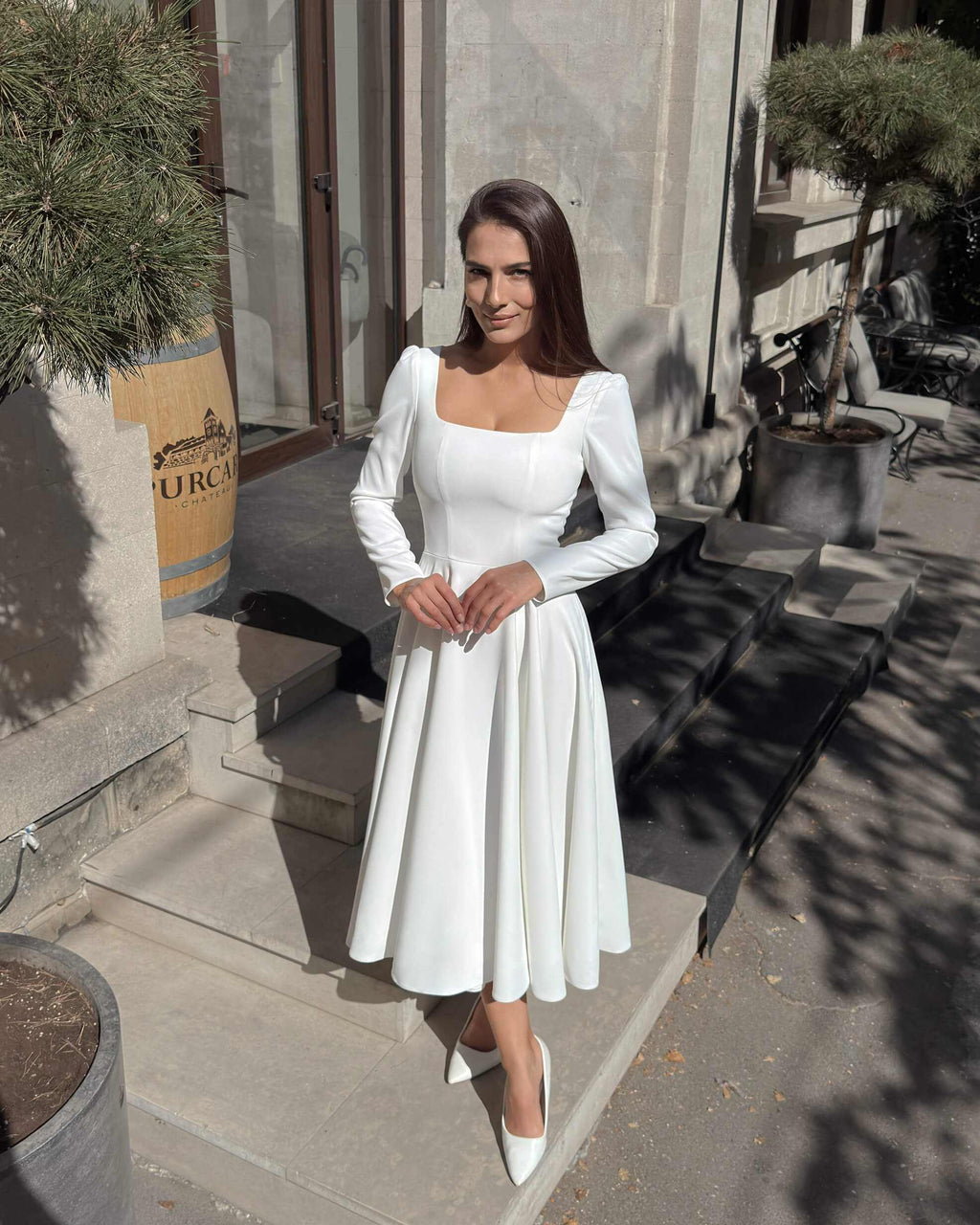 Rochie alba midi cu maneci lungi din crep cununie civila, religioasa