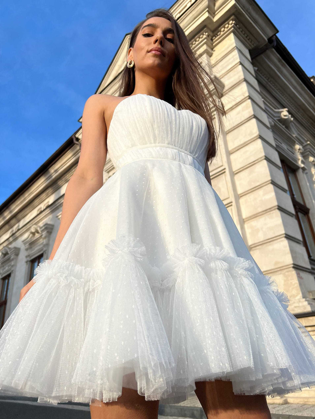 Rochie de ocazie alba scurta din dantela cu corset - BELLADRESS