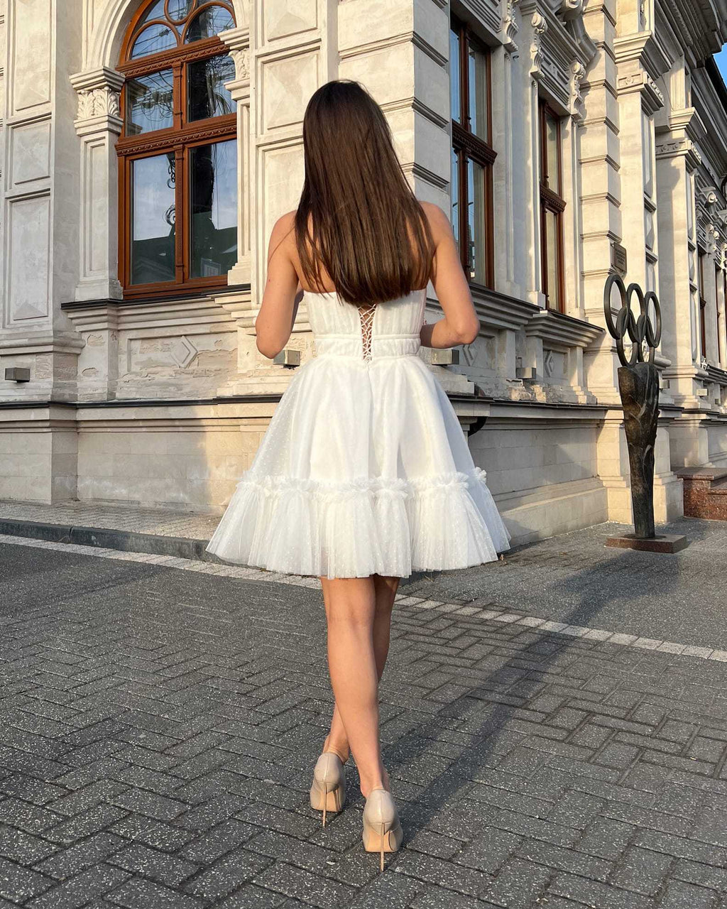 Rochie de ocazie alba scurta din dantela cu corset - BELLADRESS