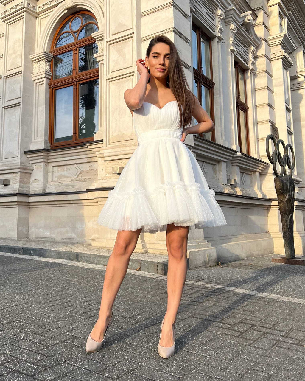 Rochie de ocazie alba scurta din dantela cu corset - BELLADRESS