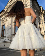 Rochie de ocazie alba scurta din dantela cu corset - BELLADRESS