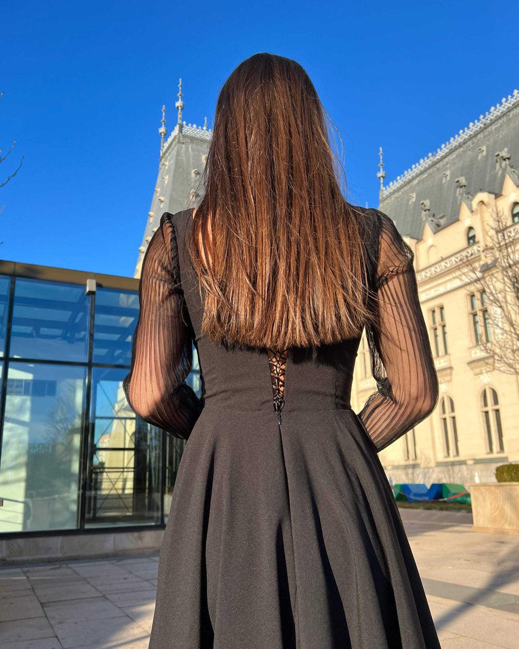 Rochie de ocazie neagra cu maneci transparente - BELLADRESS